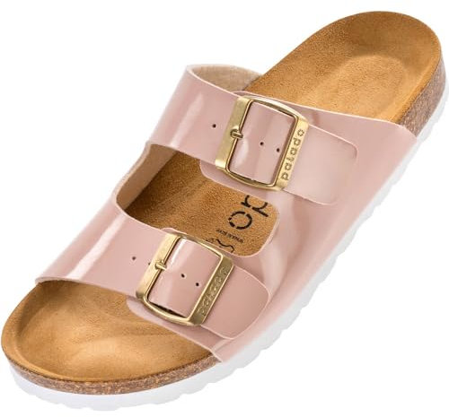 Palado Pantoletten Damen Korfu Lack - gefertigt in Spanien - glänzende Oberfläche - Veloursleder-Decksohle - bequemes Weichfußbett - rutschfeste EVA-Sohle Rosa UK4,5 - EU37
