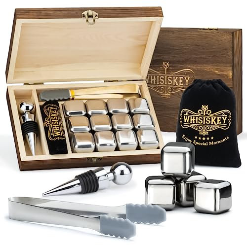 WHISISKEY Whisky Steine Set - 18 Whiskey Steine & Zange - Geschenke für Männer - Männergeschenke - Geburtstagsgeschenk Mann - Geschenkbox - Whisky Zubehör - Eiswürfel Wiederverwendbar