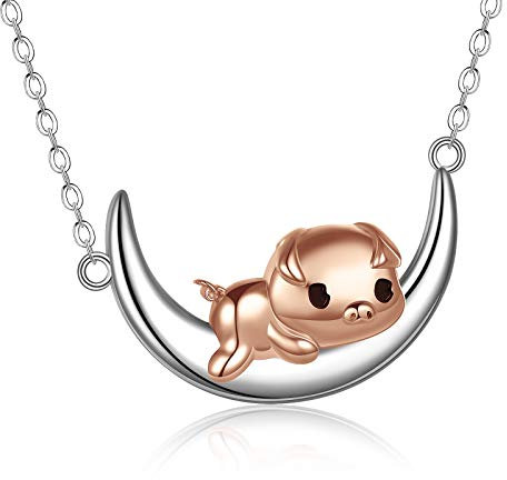 URONE Schwein Geschenke für Schwein Liebhaber Sterling Silber schönes Schwein auf Mond Anhänger Halskette Schweinchen Schmuck Geschenke für Frauen