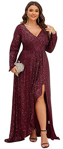 Ever-Pretty Plus Vestido de Gala Largo Abertura Escote en V con Lentejuelas Corte Imperio A-línea para Mujer Elegantes Burdeos 50