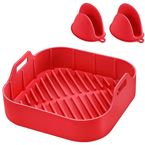 HEETA Heißluftfritteuse Backform, Wiederverwendbar Air Fryer Silicone Pot with Handschuhe 20cm Silikonform für Heißluftfritteuse Kompatibel mit Ninja/Tower/COSORI-Rot (Quadratisch)
