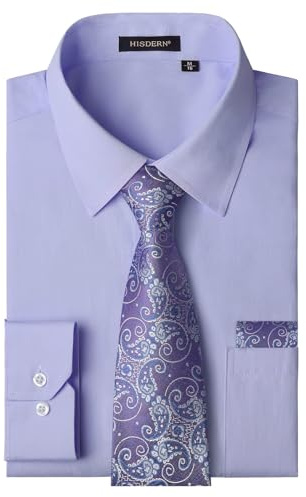 HISDERN Chemise Lilas Homme Manches Longues Formelle Chemises Business avec Cravate Habillée Chemise Mariage Casual avec Poche Regular S