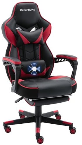 Bonzy Home Bonzyhome Gaming Chair, Ergonomic Racing Gaming Chair for Adults with Footrest and Lumbar Massage, Height Adjustable with Swivel Seat and Headrest for Home/Office (Red), 008