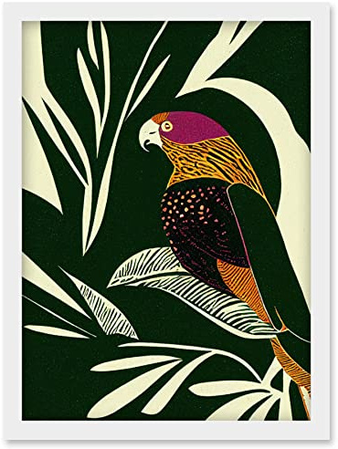 Wee Blue Coo Green Orange Pink Cream Modern Vintage Tropical Plant Leaves with Bird Artwork Framed Wall Art Print A4