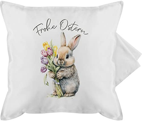 Shirtracer Kissenbezug - Osterkissen - Frohe Ostern süßer Osterhase Tulpen I Oster Hase - 50 x 50 cm - Weiß - kissenhülle hasenmotiv ostergeschenke osterartikel hasi kissenbezüge 50x50.