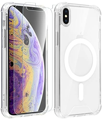 Pnakqil Coque pour iPhone XS Max Transparente Compatible avec MagSafe + 2 Verre Trempé,Ultra Fine Magnetique Antichoc Silicone TPU Etui Protection Housse Homme et Femme pour iPhone XS Max (6.5)