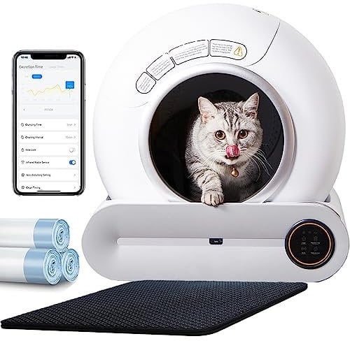 RMAN Inodoro para Gatos con Autolimpieza, 65 L, 9 L, gran capacidad, caja de arena eléctrica con control de aplicaciones, monitor inteligente de salud, alerta segura para varios gatos