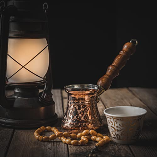 The Silk Road Trade PC-Serie (mittel) – Dickstes massives Kupfer, graviert und gehämmert, türkisch, griechisch, arabisch, Kaffeekanne, Holzgriff, strapazierfähig, Herd-Kaffeemaschine, Jazzve, Cezve,