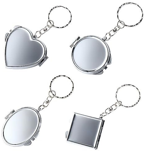 Doppelseitiger Kosmetikspiegel-Schlüsselanhänger, 4 Stück, Mini-Klappspiegel, Schlüsselanhänger, tragbar, quadratisch, elliptisch, herzförmig, Make-up-Spiegel mit Schlüsselring