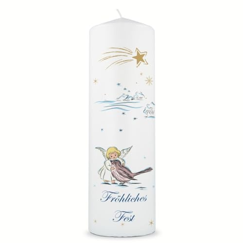 GRAVURZEILE Bedruckte Weihnachtskerze - Engel & Schwalbe - Personalisiert mit eigenem Wunschtext - Tisch Dekoration zu Weihnachten - Geschenke für Sie & Ihn - Hochwertige Stumpenkerze 250/80 mm