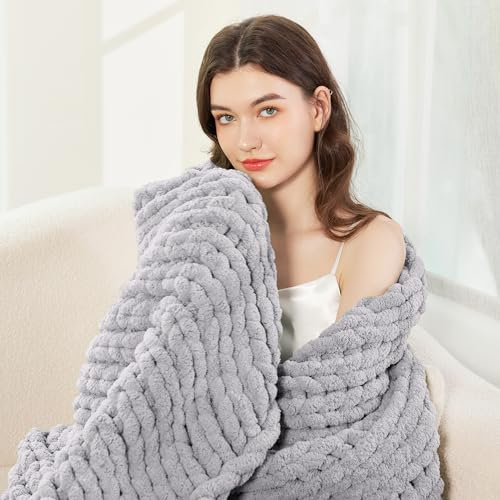 Admitrack Chunky Knit Blanket Throw, 100% Hand Knit Chenille Throw Blanket for Sofa & Home Decor, Soft and Cozy Knitted Throw Blankets (Light Gray,51x63)
