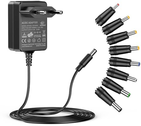 melasta Adaptateur Secteur 12V 1A, Alimentation Universelle Ransformateur d'alimentation, Connecteur DC 5.5 x 2.1mm, Adaptateur Portable Universel avec 8 Prises DC pour Bandes LED, Routeur