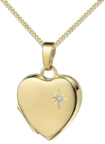 Goldmedaillon Medaillon Herz 14 Karat 585 Gold mit Brillant, Herz-Amulett für 2 Bilder zum Öffnen für Damen Herzkette und Schmuck-Etui Mit Amulettkette 925 Silber vergoldet - Kettenlänge 45 cm.