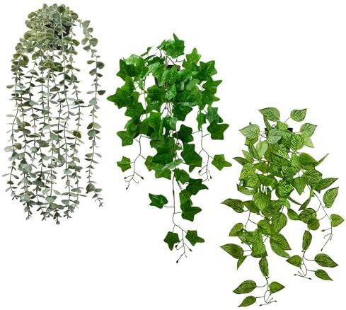 Beinhome 3 Stück Künstliche Hängepflanzen Eukalyptus, Efeu, 60cm Künstliche Pflanzen Hochrealistisch Plastik Kunstpflanze Deko Pflanzen für Wohnzimmer Wohnung Badezimmer Küche