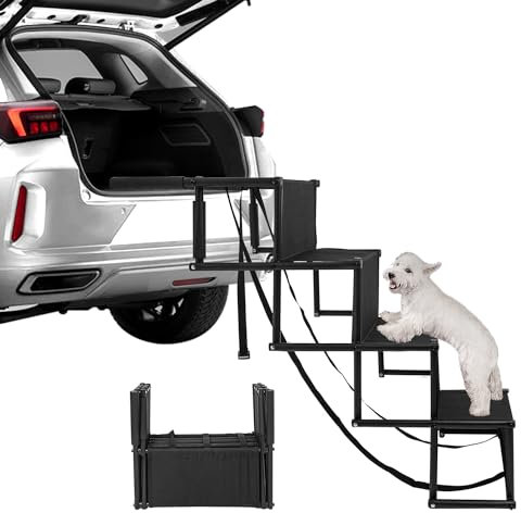 MYOYAY Hundetreppe Auto 4 Stufen Hundeautorampe Klappba Hunderampe, Gelenkschonende Hundetreppen rutschfeste Auto Einstiegshilfe für Große und Kleine Hunde