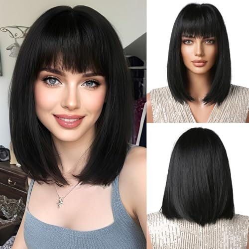 OUFEI Schwarz Bob Perücke mit Pony Kurz Gerade Perücke für Frauen Synthetisches Haar Perücken Cosplay Täglich Party Gebrauch