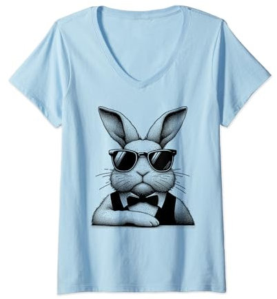 Damen Cooler Osterhase mit Sonnenbrille für Herren, Jungen, Kinder T-Shirt mit V-Ausschnitt