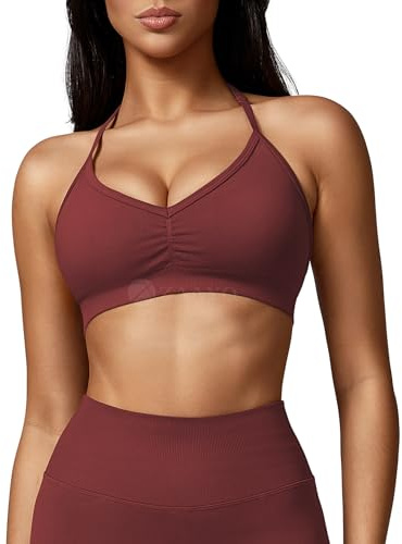 ZAAYO Damen Sport BH Rückenfreie Neckholder Gym Bra Crush Halter Sport BHS Gepolsterte Push Up Bras Mittlere Unterstützung Workout BH Workout Yoga Top Burgunderrot S