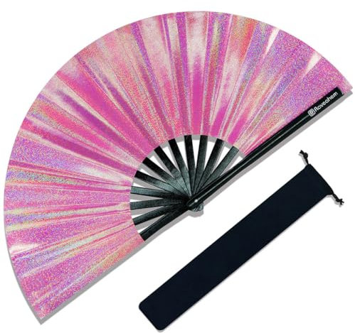 Raveahem Large Rave Fan, Clack Folding Hand Fan with Premium Fabric, Thick Bamboo Frame for Men Women Gift for EDM, Festival, Club, Party, Dance, Decoration (Lridescent Pink, 13)
