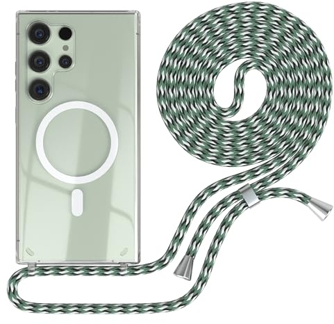EAZY CASE - Handykette kompatibel mit Samsung Galaxy S24 Ultra Kette zum Umhängen Stoßfest Handyhülle für Galaxy S24 Ultra Silikon Hülle mit Band Transparent Hell Grün Camouflage - Clips Silber