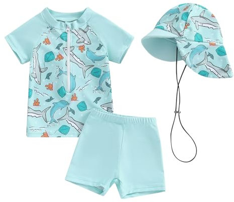 Nouveau-né Bébé Garçon Maillot de Bain Anti-UV Tee Shirt Manches Courtes et Short de Bain avec Chapeau Ensemble 3 Pièces Costume de Natation Piscine (Bleu Clair, 12-18 Months)