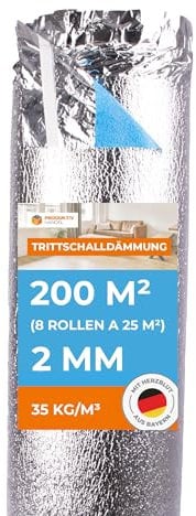 Trittschalldämmung mit Dampfsperre 200 m² Premium Silver Plus 2mm stark | 8 Rollen je 25m² | sehr gute Schalldämmung & Wärmedämmung | Fußbodenheizung geeignet für Laminat und Parkett
