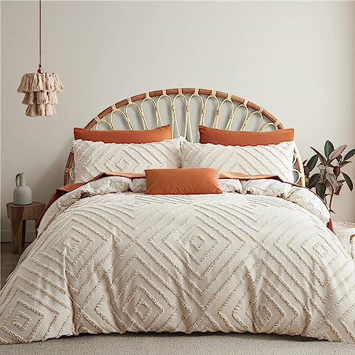 Tospass Housse de Couette Tuftée 240x260cm 2 Personne Adulte Rayée Broderie Beige Parure de Lit Bohème Style Linge de lit Géométrique Réversible avec Fermeture Éclair avec 2 Taies d'oreiller 65x65cm