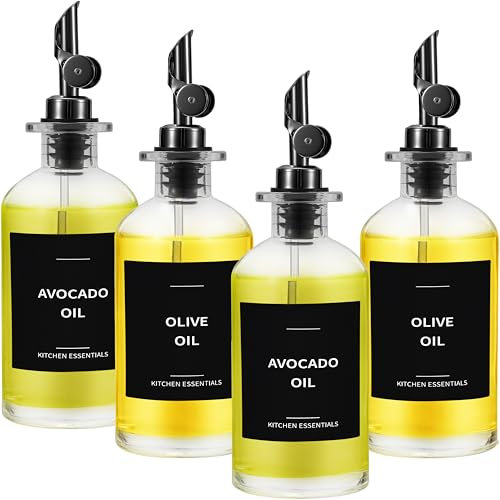 Spaceneat Bottiglia dispenser per olio d'oliva, include 55 etichette essenziali da cucina, dispenser per olio da cucina, dispenser per sciroppo di caffè, beccuccio con contenitore in vetro da 350 ml
