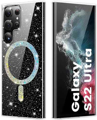 Hülle für Samsung Galaxy S22 Ultra Kompatibel mit MagSafe, Transparent Glitzer Magnetische HandyHülle Case für Samsung Galaxy S22 Ultra Schutzhülle Leicht Dünn Kratzfeste Rückseite, Crystal Klar