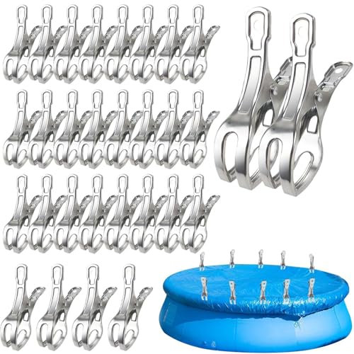 30 Pack Pool Covers Clips, Pool Covers Clips for Aboves Ground Pools, 4 Inch Stainless Steel Pool Covers Clamps, Windproof Pool Covers Clips for Aboves Ground Pools Beach Clothes Towel