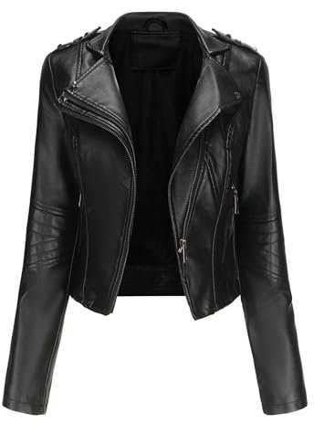 OULIWANGLUO Damen Lederjacke mit Kurze Leichte Niete Reverskragen Slim Kunstlederjacke Casual Bikerjacke für Frühling und Sommer (Schwarz,3XL)