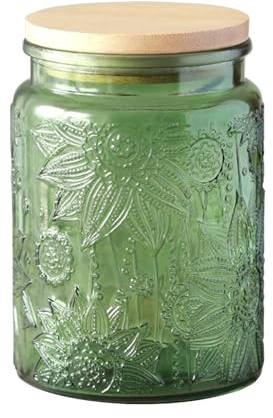 Jarsense Glasgefäß 700 ml, versiegeltes Glas mit Bambusdeckel, Lebensmittelqualität, Vorratsglas, Kaffeebohnen, Teeblätter, Vorratsglas, Gerbera-Muster (grün)