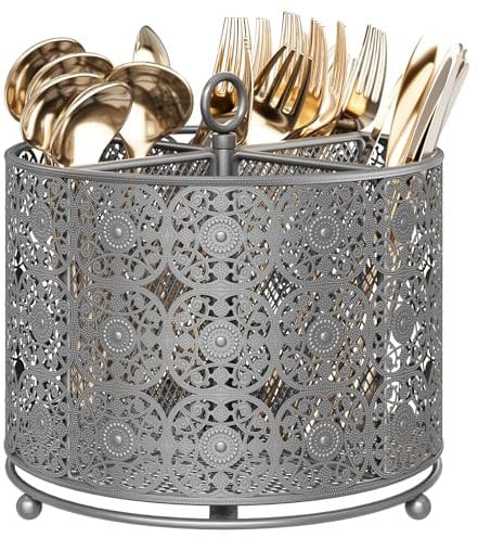 EKNITEY Rotating Utensil Holder - Raised Cutlery Organizer with 4 Compartments for Kitchen Counter, Office or Party - Silverware Caddy