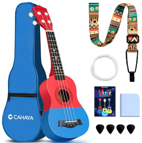 CAHAYA Sopran-Ukulele mit Gigbag für Kinder Anfänger: Linde Material Ukulele mit Geared-Machine, Gurt, Noten, Saiten, Reinigungstuch, 4 Plektren, 21 Zoll Rot-Blau