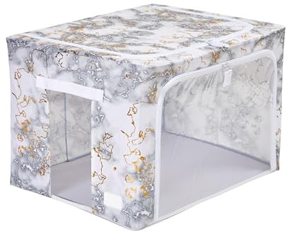 Periea ‘Beau’ Folding Collapsible Stackable Fabric Home Storage Boxes with Steel Frames (Metallic Marble, Large)