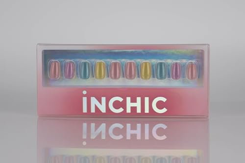 INCHIC Prismatic Glow, Short Squoval, Mint, Pink, Sky Blue, Citrine, Lavender, 30 Pcs Press on Nail