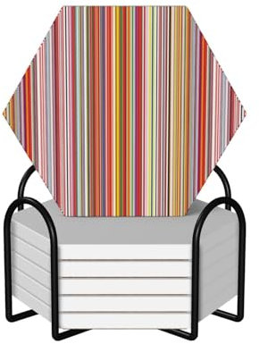 Set mit 6 sechseckigen bunten Streifen, Keramik-Untersetzer mit rutschfestem Korkboden, Tee- und Kaffee-Untersetzer, Weihnachtsuntersetzer