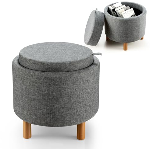 HOMASIS Pouf Ottoman Rond avec Rangement, Tabouret avec Pieds en Bois et Plateau, Repose-Pieds avec Patins Antidérapants, Table d'Appoint Multifonctionnel pour Salon, Chambre, Bureau (Gris)