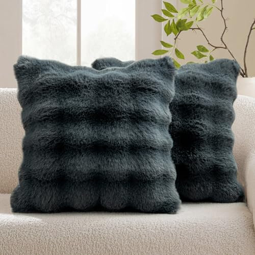 MIULEE Kissenbezug Dunkelgraue 50x50 cm 2er Set Künstlich Pelz Kissenbezüge Kuschelkissen Welle Kissenhülle Dekokissen Dekorative Weiche Zierkissen Sofakissen für Wohnzimmer Schlafzimmer Balkon