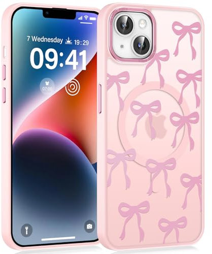 Saqmkil Cover Magnetica per iPhone 15 6,1, Compatibile con MagSafe, Custodia Traslucida Matte con Aesthetic Disegno Fiocco, Ultra Sottile TPU Hard PC Antiurto Ragazze Protettiva Case, Rosa 1