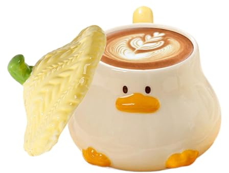 Cute Duck Coffee Mug, Funny Duck Ceramic Coffee Cup with Hat Lid,400 Ml Yellow Cartoon Tea Cup, Novelty Morning Mug Christmas Birthday Present for Friends Women Girls