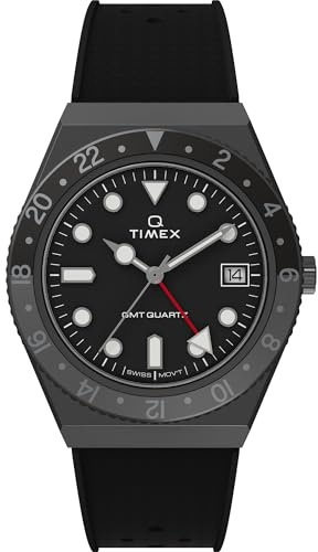 Timex Men's Q GMT 38mm Watch - Triple Black with Rubber Strap, Black