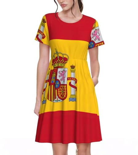Yyoretp Vestido de verano informal de manga corta con estampado de bandera de España para mujer, vestido de playa con bolsillos, Negro, XXL