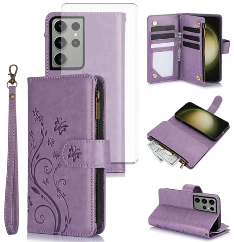 Asuwish Phone Case for Samsung Galaxy S23 Ultra 5G Wallet Cell Cover with Screen Protector Wrist Strap Flower Flip Zipper Card Holder Slot Stand S23Ultra 23S S 23 23Ultra Women Girls Purple