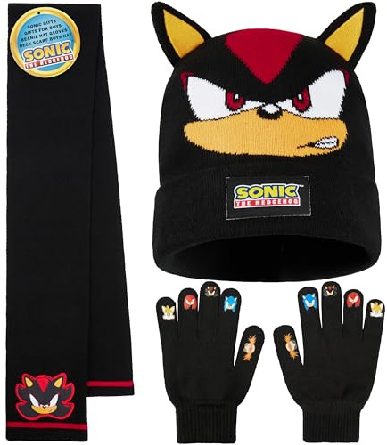 SONIC THE HEDGEHOG Mütze Winter Set Jungen, Mütze, Schal & Handschuhe 3-Teilig, Warm & Weich, Geschenk für Jungs