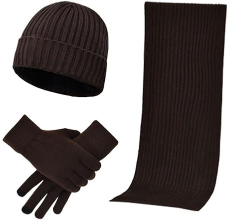 Strickmütze für Herren und Damen, Wintermütze, langer Halstuch, Touchscreen-Handschuhe, Set, Kappe mit Futter, für Männer und Frauen, Handschuh-Set für Jungen