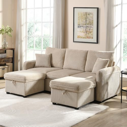 TIZZ Multifunktionale Ecksofa U-Form-Dreisitzer Polster-Sofa mit Staufunktion – Inklusive Schubladen + Hocker mit Staufach, modular zerlegbares Sofa-Set mit Schlaffunktion,Cord-Stoff