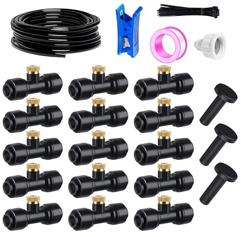 HUAZIZ Nebulizzatore per terrazzo esterno, sistema di nebulizzazione per giardino, sistema di irrigazione, tubo nebulizzatore da 20 m 6mm + 15 pezzi di nebulizzatori a T neri, sistema di