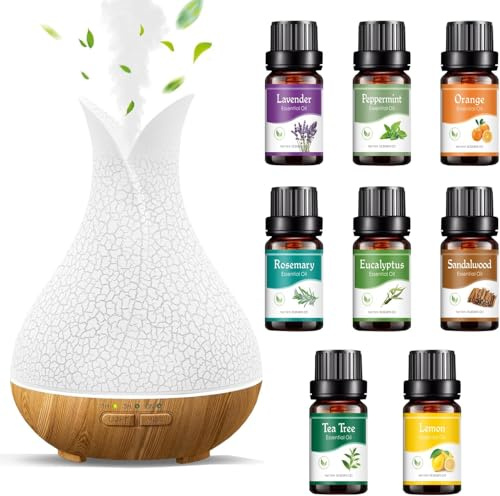 400ml Aroma Diffuser Luftbefeuchter mit 8* 10ml Ätherische Öle Set BPA Frei | Aromatherapie Diffuser mit Fernbedienung Öle Diffusor mit Timer 14 LED Lichtfarben für Baby Zuhause Schlafzimmer Büro Yoga