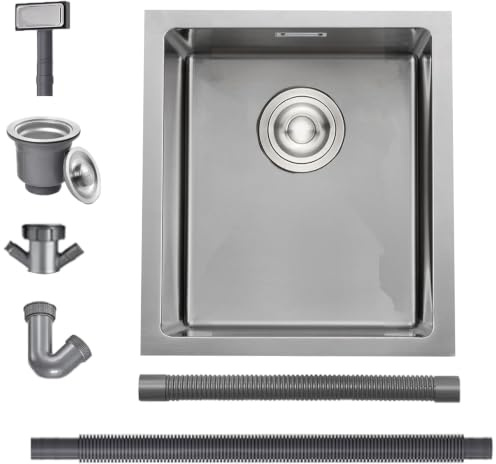Stainless Steel Kitchen Sink, Undermount Single Bowl 35x40cm, Silver Sink | Outdoor Campervan Sink with Silencer Pad, Drainer Fittings, Drop in Flushmount or Topmount Installation, Small Sink Brushed